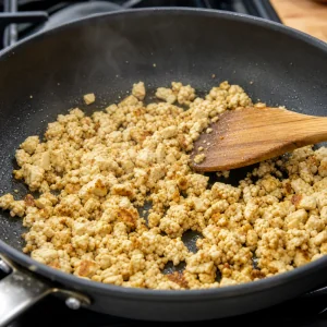 Crumbled tofu browning in a skillet