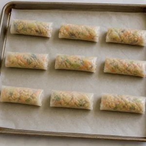 Unbaked rice paper rolls spaced apart on a parchment-lined baking sheet