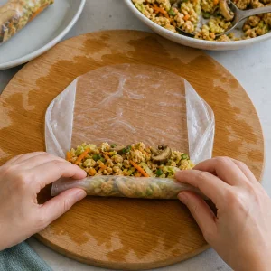 Vegetable tofu filling being folded into softened rice paper