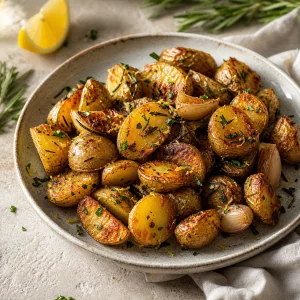 Patate croccanti al rosmarino e aglio con scorza di limone e prezzemolo