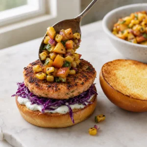 Salsa di mais e pesca su un burger di salmone aperto