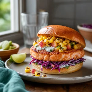 Finished salmon burger with corn-peach salsa