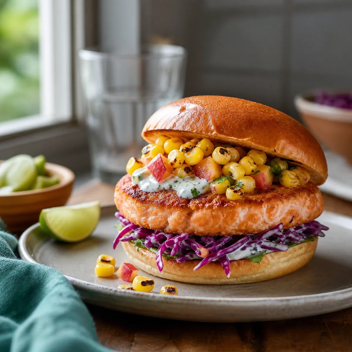 Burger di salmone con salsa di mais e pesca
