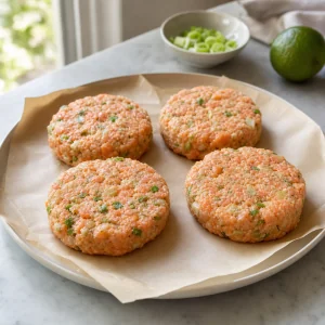 Quattro burger di salmone crudi su carta forno