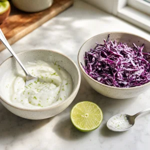 Yogurt al lime e cavolo rosso condito in ciotole