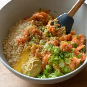 Ingredienti dei burger di salmone in una ciotola