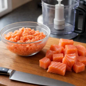 Pezzi di salmone e salmone tritato su un tagliere