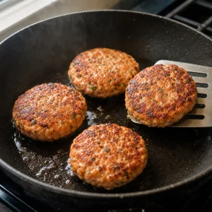 Burger di salmone che dorano in padella