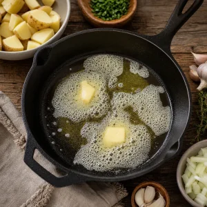 Pieniace sie maslo na zeliwnej patelni