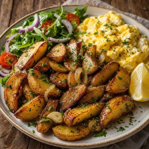 Gorace chrupiace ziemniaki z jajkami i salatka