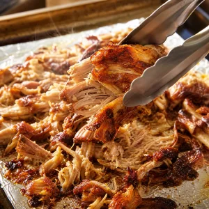 Broiled shredded pork carnitas with golden brown crispy edges