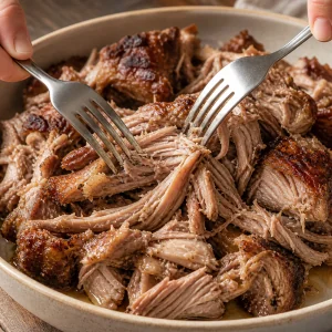 Cooked pork being shredded into large pieces with two forks