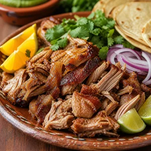 Finished crispy pork carnitas with tortillas, lime, cilantro, and salsa