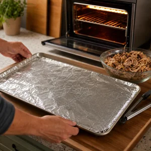 Foil-lined baking sheet ready under a hot broiler for carnitas