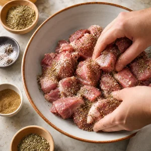 Pork shoulder chunks being coated with salt, pepper, oregano, and cumin