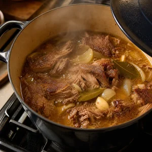Pork simmering gently in citrus cooking liquid until very tender