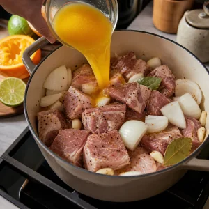 Seasoned pork in a Dutch oven with onion, garlic, citrus juice, and bay leaves