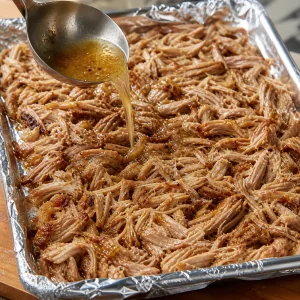 Shredded pork spread on foil and drizzled with cooking liquid before broiling