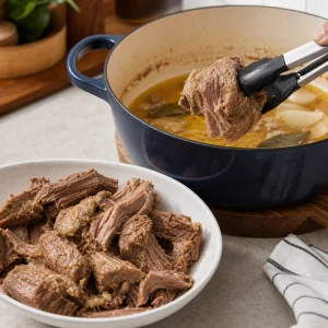 Tender pork being lifted from the cooking liquid before discarding aromatics