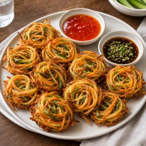 Crispy vegetable bird's nests served with sweet chili and soy-ginger sauces.