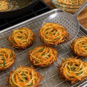 Golden fried vegetable nests draining on a wire rack.