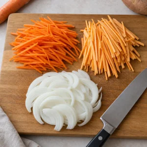 Julienned carrots and sweet potato with sliced onion on a cutting board.