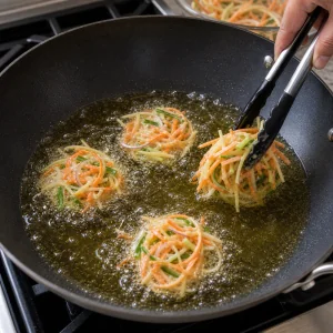 Loose vegetable nests frying in bubbling hot oil.