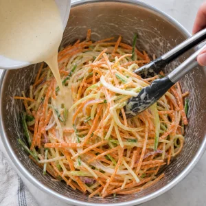 Thin batter poured over julienned vegetables and tossed with tongs.