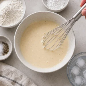 Thin batter whisked with flour, cornstarch, egg, and ice-cold water.