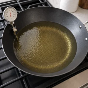Vegetable oil heating in a wok with a thermometer before frying.