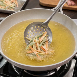 A battered vegetable bundle sliding from a slotted spoon into hot oil to form a nest