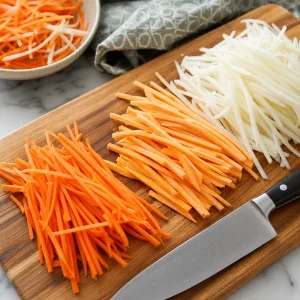 Carrot sweet potato and onion sliced into thin matchsticks for vegetable bird's nests