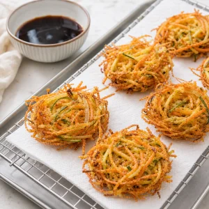 Crispy vegetable bird's nests draining on a wire rack with sweet soy dipping sauce