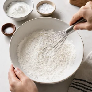Flour cornstarch and salt whisked together in a large mixing bowl