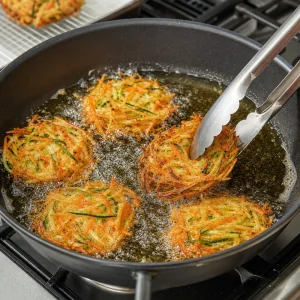 Vegetable nests frying until golden brown and crispy in bubbling oil