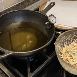 Vegetable oil heating in a heavy wok with a thermometer for frying