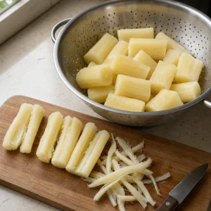 Gekochte Yuca nach Entfernen der Kerne in Stifte geschnitten