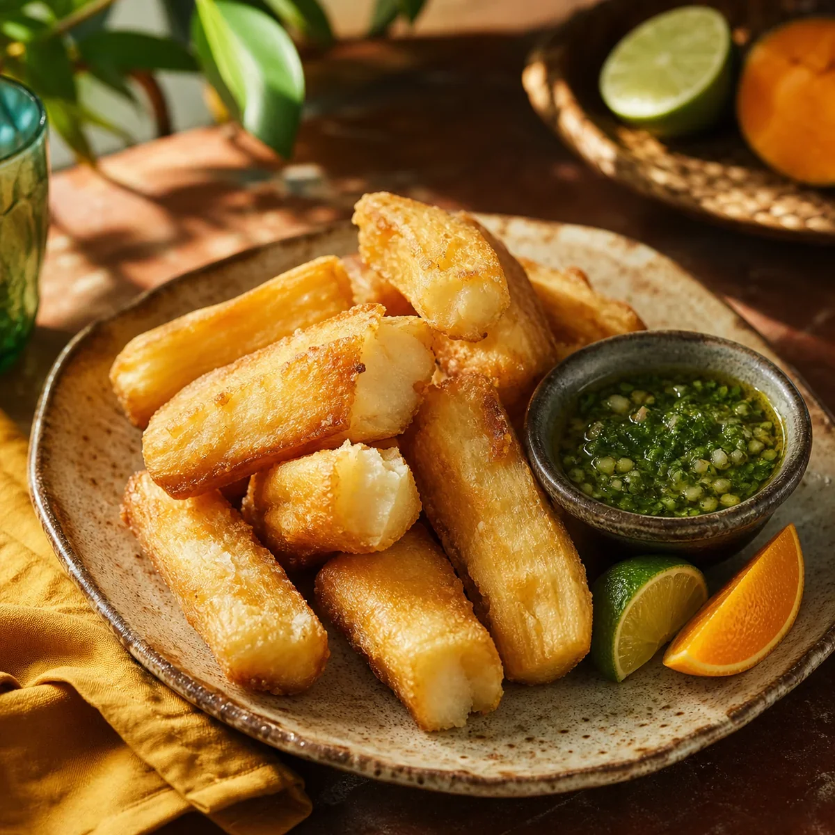 Knusprige goldene Yuca-Pommes mit Knoblauch-Zitrus-Mojo
