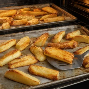 Goldbraune Yuca-Pommes werden auf den Blechen gewendet
