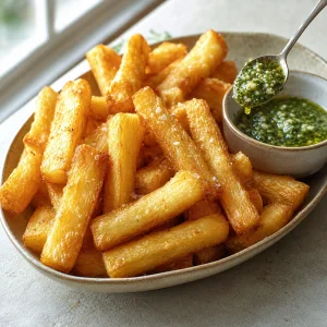 Heiße goldene Yuca-Pommes mit Knoblauch-Zitrus-Mojo