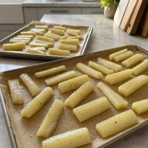 Gewürzte Yuca-Stifte mit Abstand auf zwei Blechen