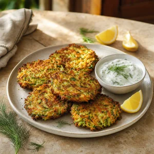 Frittelle croccanti di zucchine e carote con yogurt al limone e aneto