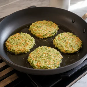 Quatro panquecas de legumes cruas começando a cozinhar na frigideira
