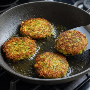 Panquecas douradas de abobrinha e cenoura na frigideira