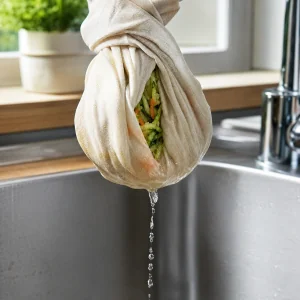 Legumes ralados sendo espremidos num pano de cozinha