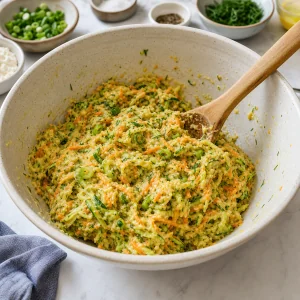 Massa de panquecas de abobrinha e cenoura numa tigela grande
