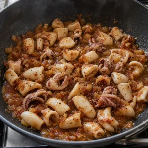 Cuttlefish pieces cooking in the onion tomato base