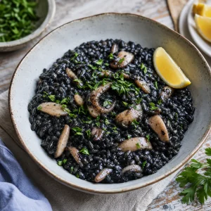 Finished black risotto with cuttlefish, parsley, and lemon