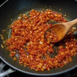 Garlic and tomato paste stirred into softened onion