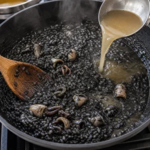 Hot stock ladled into creamy black risotto